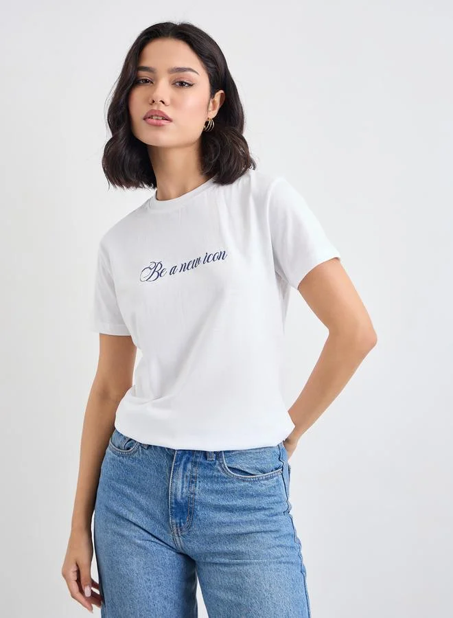 Styli Styli Embroidered Slogan Short Sleeves T-Shirt